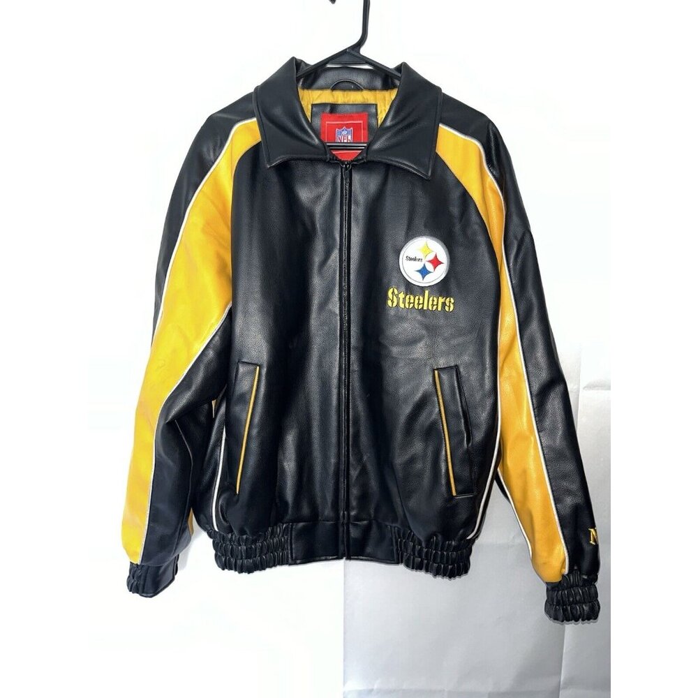 Vintage Pittsburgh Steelers Jacket Mens Medium NFL Faux Leather Bomber Football